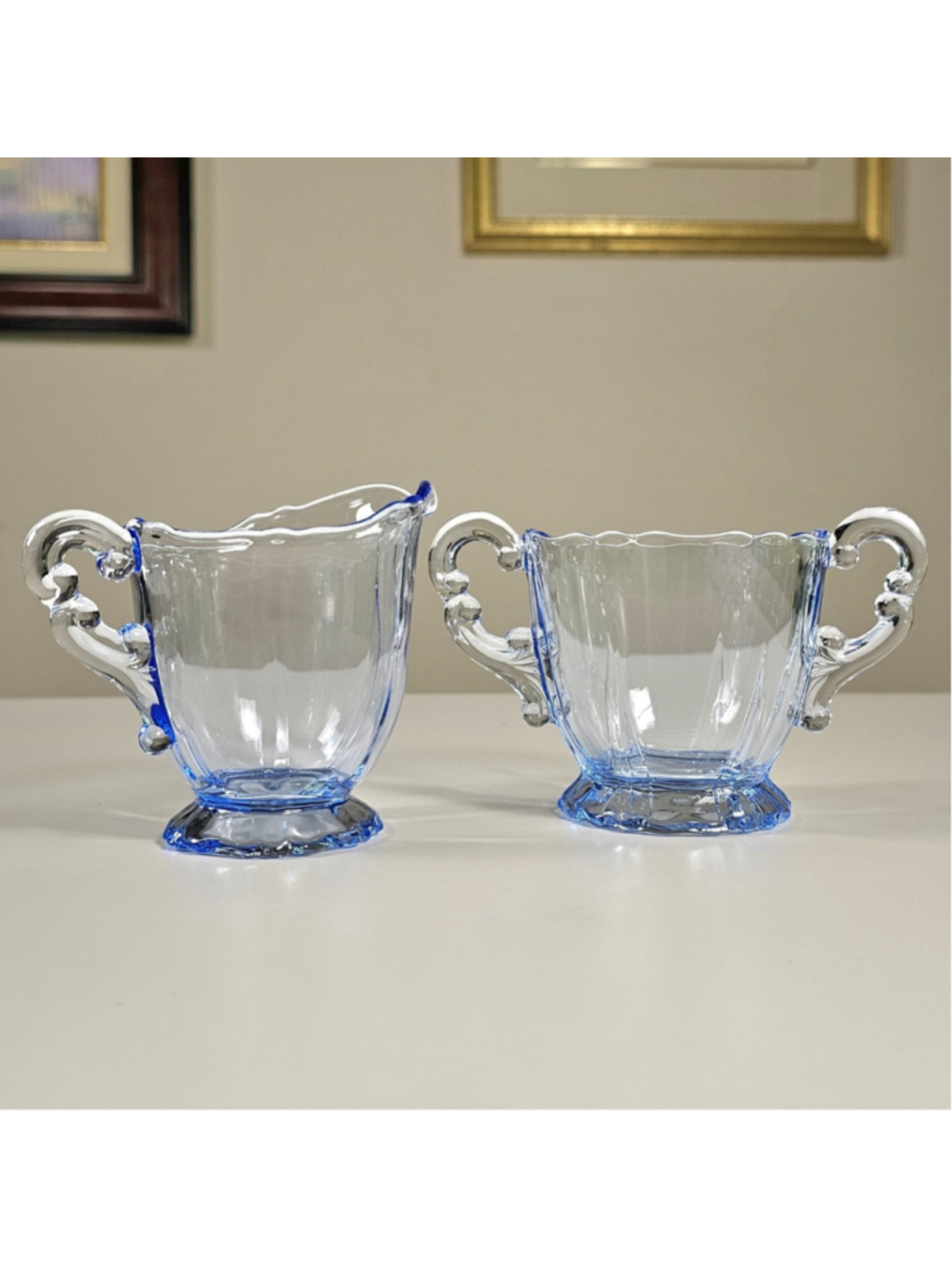 Vintage Blue Depression Glass Set Fostoria Fairfax Plate Cambridge Creamer Sugar - Picture 2 of 16